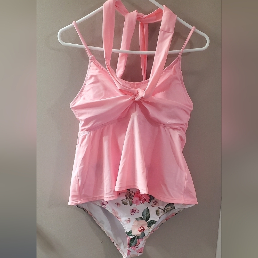 Pink Top With Floral Botton Beachsissi Women's Tankini Swimwear. Sz L NWT